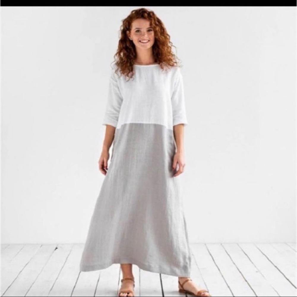 Vintage color block dress lagenlook modern maxi long white gray shift